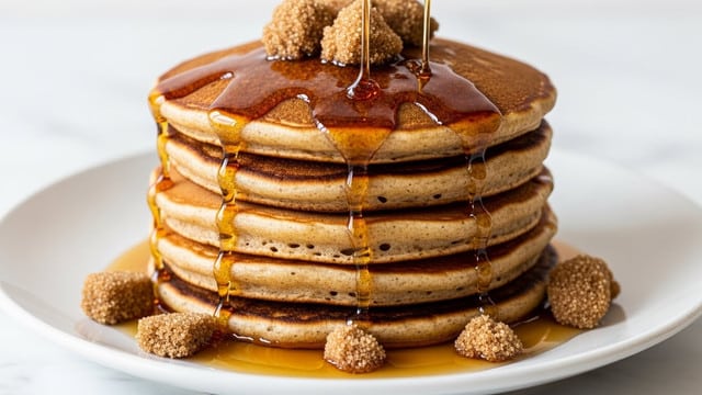 A stack of five golden-brown pancakes with a soft, slightly porous texture is placed on a white plate set on a white marbled surface. Dark amber syrup is slowly dripping down the sides, pooling around the pancakes, while small clumps of coarse, dark brown sugar sit on top, glistening in the light. The edges of the pancakes are slightly crispy, adding texture contrast. The image focuses closely on the pancakes to show the syrup’s shine and the sugar’s grainy texture. photo taken with an iphone --ar 4:5 --v 7