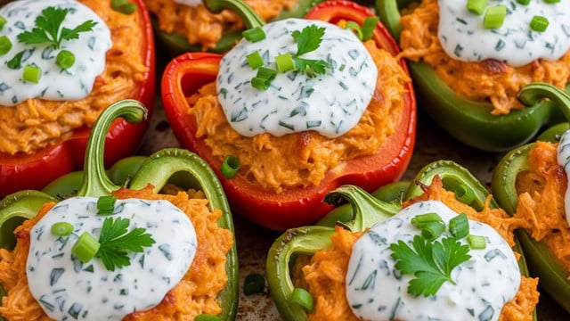 The image shows several red and green bell peppers cut in half and stuffed with a creamy, orange filling that looks like shredded chicken mixed with cheese and sauce. The peppers are topped with a white, creamy dressing that has small green herbs mixed in and sprinkled with chopped green onions and fresh parsley. The peppers rest closely together on a slightly browned baking tray. The stuffing looks moist and cheesy with a slightly crispy top. Photo taken with an iphone --ar 4:5 --v 7