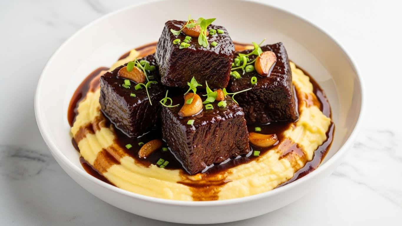 A white bowl holds a dish with a base layer of smooth, creamy mashed potatoes in a soft yellow color. On top, there are three large, thick cubes of dark brown, glazed beef short ribs with a glossy texture. The ribs are covered with a rich, dark brown sauce that pools slightly around the mashed potatoes. Small pieces of cooked garlic and fresh green herbs are sprinkled on the meat, adding color contrast. The whole dish sits on a white marbled texture surface. photo taken with an iphone --ar 4:5 --v 7