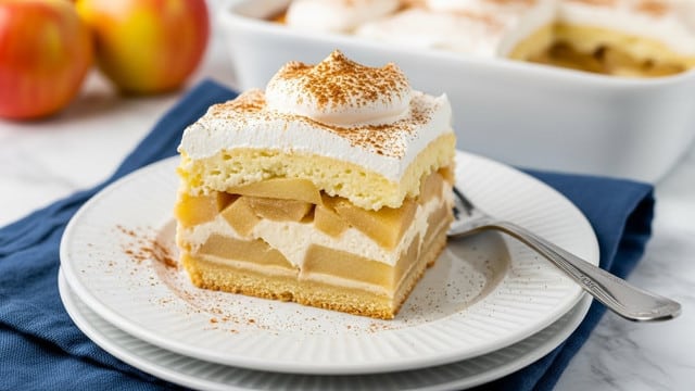 A white plate holds a slice of apple dessert with three visible layers: a bottom layer of golden baked crust, a thick middle layer of soft cooked apple slices visible through a creamy sauce, and a top layer of whipped cream sprinkled with cinnamon powder. Some cinnamon powder is also dusted around the plate edges. A silver fork rests on the plate beside the slice. The plate sits on two stacked white plates with subtle ridges, placed on a blue cloth on a white marbled surface. In the blurry background, a white baking dish with more of the dessert and red-yellow apples are visible. Photo taken with an iphone --ar 4:5 --v 7