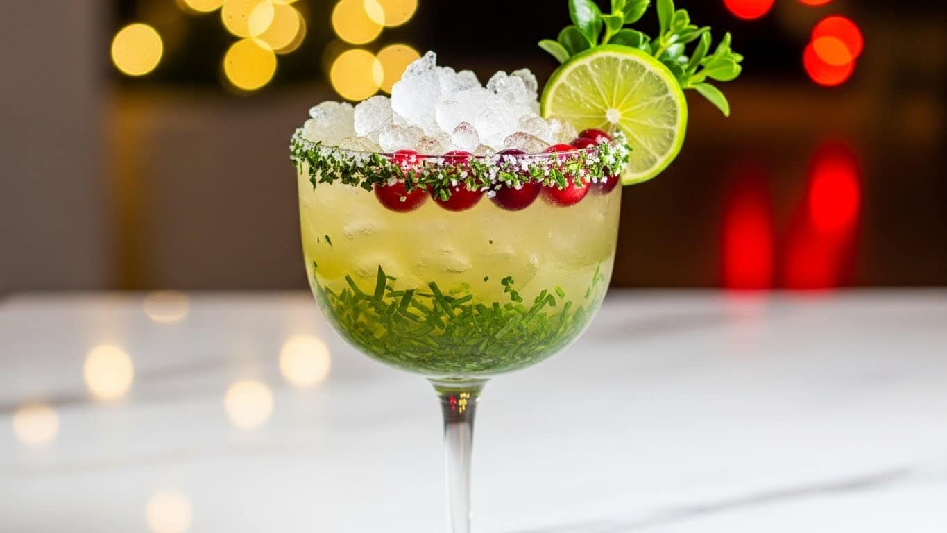 The image shows a festive cocktail in a clear glass with a long stem, sitting on a white marbled surface. The drink has two main layers: a pale yellow-green liquid at the bottom filled with small chopped green herbs, and a top layer of crushed ice. Around the rim of the glass is a layer of coarse salt and small green herb pieces. Just below the rim, bright red cranberries float on the surface, contrasting with the pale drink. A thin slice of lime and a small bunch of fresh green leaves rest on the rim as garnish. The background is blurred with warm yellow and red lights. photo taken with an iphone --ar 4:5 --v 7