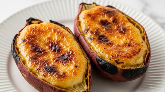 Two roasted sweet potato halves with a caramelized, golden-brown top layer that has slightly burnt edges, showing a glossy, crispy texture. The sweet potato skin is a deep reddish-purple with some rough patches and char marks. They sit side by side on a white plate with a ridged pattern, placed on a white marbled texture surface. The image is close-up, focusing on the glossy sweet potato filling with a slightly uneven surface. photo taken with an iphone --ar 4:5 --v 7