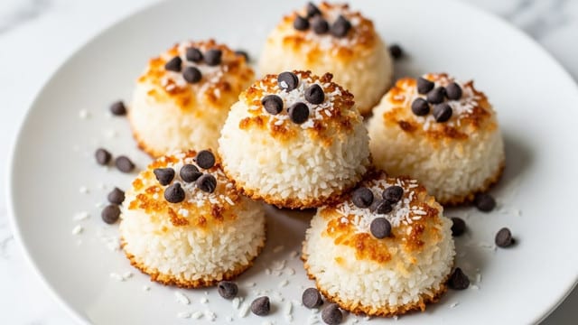 A white plate holds five small coconut macaroons arranged in a cluster. Each macaroon is roughly dome-shaped with a rough, grated texture from the shredded coconut. The edges have a golden-brown toasted look, while the inside remains white and soft. Scattered over and around the macaroons are dark chocolate chips and a small amount of loose shredded coconut. The background is a white marbled texture. photo taken with an iphone --ar 4:5 --v 7