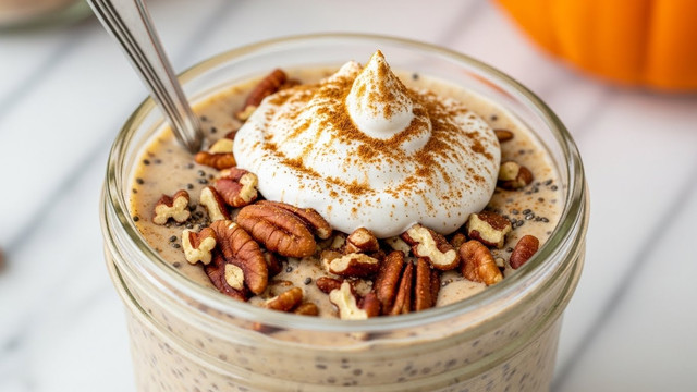 A clear glass jar filled with a thick, creamy beige smoothie speckled with tiny dark chia seeds throughout. On top, there is a generous dollop of white whipped cream sprinkled with light brown cinnamon powder. Around the whipped cream, there are irregular pieces of brown pecan nuts that add texture and color contrast. A silver spoon is inserted into the jar, resting against the inner side. The jar is placed on a white marbled surface, and in the blurred background, there is a hint of a bright orange pumpkin. photo taken with an iphone --ar 4:5 --v 7