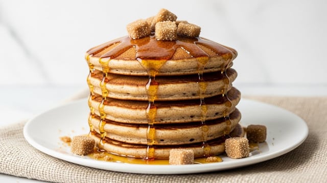 A stack of six round pancakes with a light brown color and soft texture is placed centrally on a white plate, which sits on a beige cloth with a subtle weave pattern. The pancakes are thick and fluffy, layered evenly one on top of another. On the top pancake, there are scattered chunks of brown sugar and golden syrup slowly dripping down the sides of the stack, pooling gently on the white plate. Some syrup and brown sugar crystals are also visible around the base of the stack. The background is plain with a white marbled texture, keeping focus on the warm, inviting pancakes. photo taken with an iphone --ar 4:5 --v 7