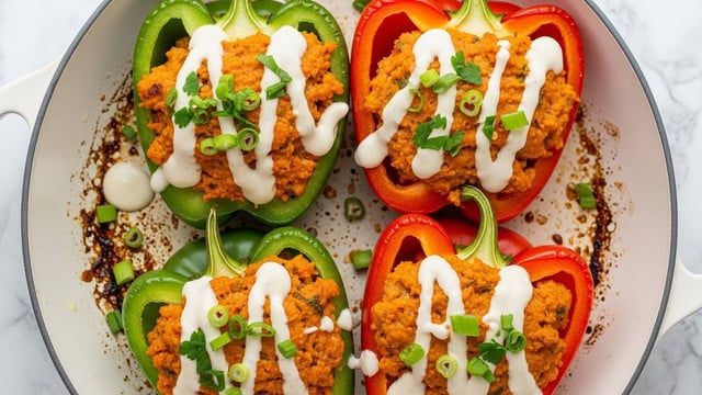 The image shows a close-up of four stuffed bell peppers in a white skillet. Each pepper is cut in half and filled with a thick orange mixture topped with creamy white sauce drizzled unevenly over them. The peppers include one green and three red bell peppers, each filled with the same filling. Green onion slices and small chopped green herbs are sprinkled on top, adding fresh green color. The skillet has some browned spots on the cooking surface, and it sits on a white marbled textured background. photo taken with an iphone --ar 4:5 --v 7