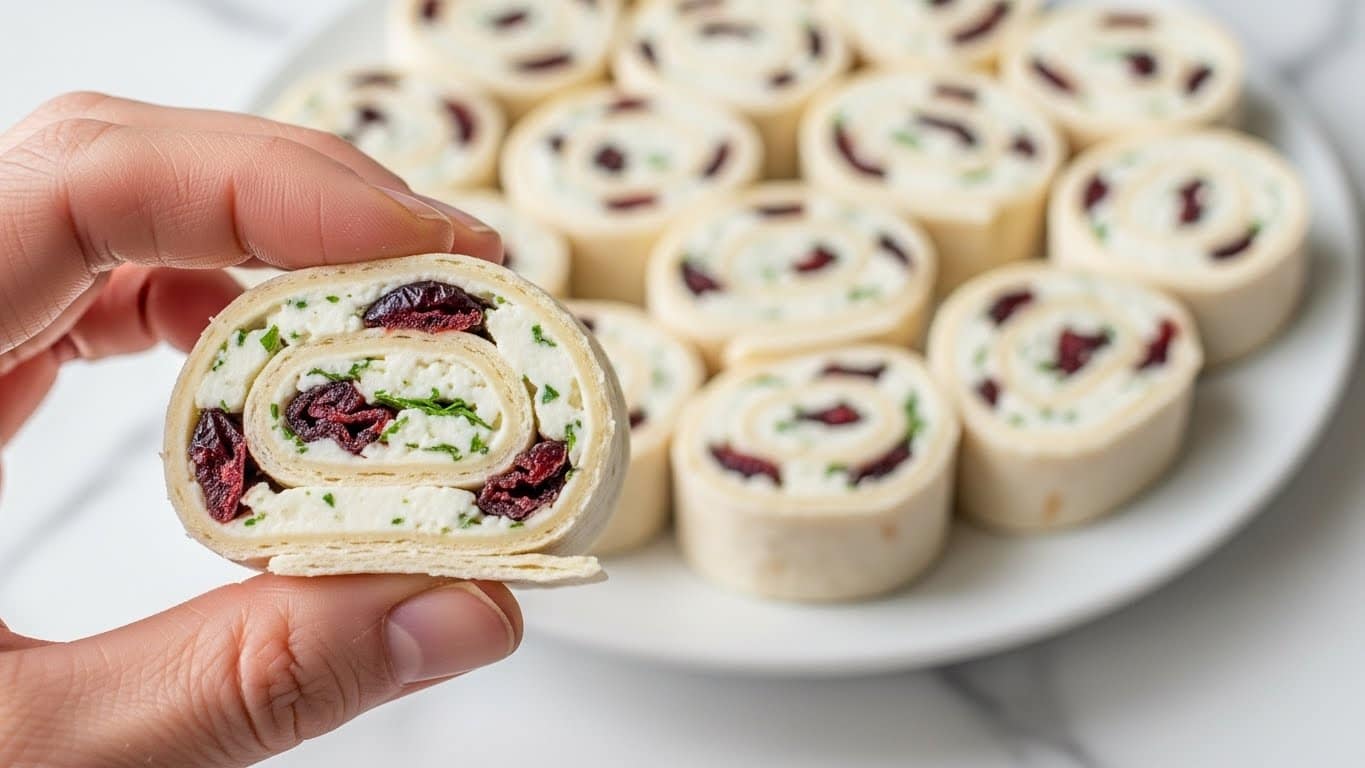 A close-up view of a woman's hand holding a rolled pinwheel sandwich, showing three visible layers: a light beige tortilla wrap on the outside, a creamy white cheese layer speckled with green herbs in the middle, and small dark red dried cranberry pieces scattered throughout. In the blurry background, a white plate holds several more pinwheel sandwiches, all neatly arranged with the same visible layers. The image has a warm, soft focus and is set on a white marbled surface. Photo taken with an iphone --ar 4:5 --v 7