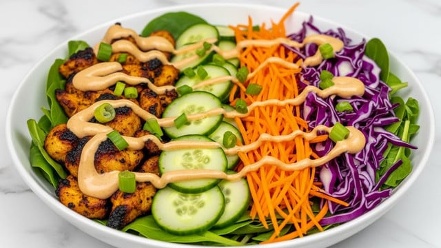 A white bowl holds a salad with several colorful layers arranged side by side. At the base, there are leafy green vegetables providing a fresh and textured background. One section has grilled, golden-brown chicken pieces with a slightly charred look, topped with a creamy, light brown sauce drizzled over them. Next to the chicken, there are thinly sliced cucumber pieces, bright green and slightly curled. Beside the cucumbers is a pile of finely shredded orange carrots. Another section contains shredded purple cabbage adding a splash of deep color. The dish is garnished with small bits of chopped green onions spread over the sauce and chicken. The white bowl sits on a white marbled surface. Photo taken with an iphone --ar 4:5 --v 7