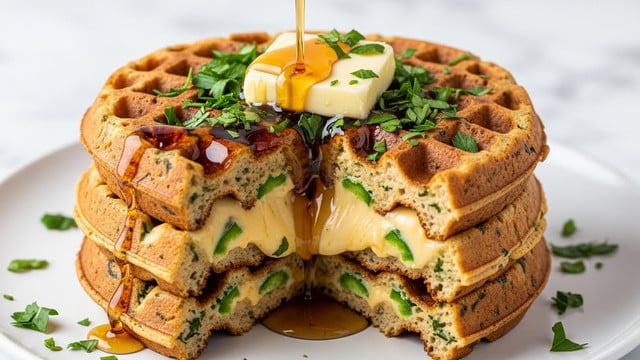 The image shows a stack of three golden brown, crispy waffles with a slightly uneven, textured surface and visible bits of green herbs mixed inside. A large wedge is cut out from the front, revealing a thick, gooey cheese layer interspersed with green jalapeno pieces between each waffle. On top, a square pat of pale butter melting slowly sits in the middle, surrounded by bright green chopped parsley. Amber syrup is being poured over the stack, cascading into the cheese-filled cut, pooling slightly on the white plate beneath. Extra fresh parsley pieces are scattered around the plate, all set on a white marbled surface. photo taken with an iphone --ar 4:5 --v 7