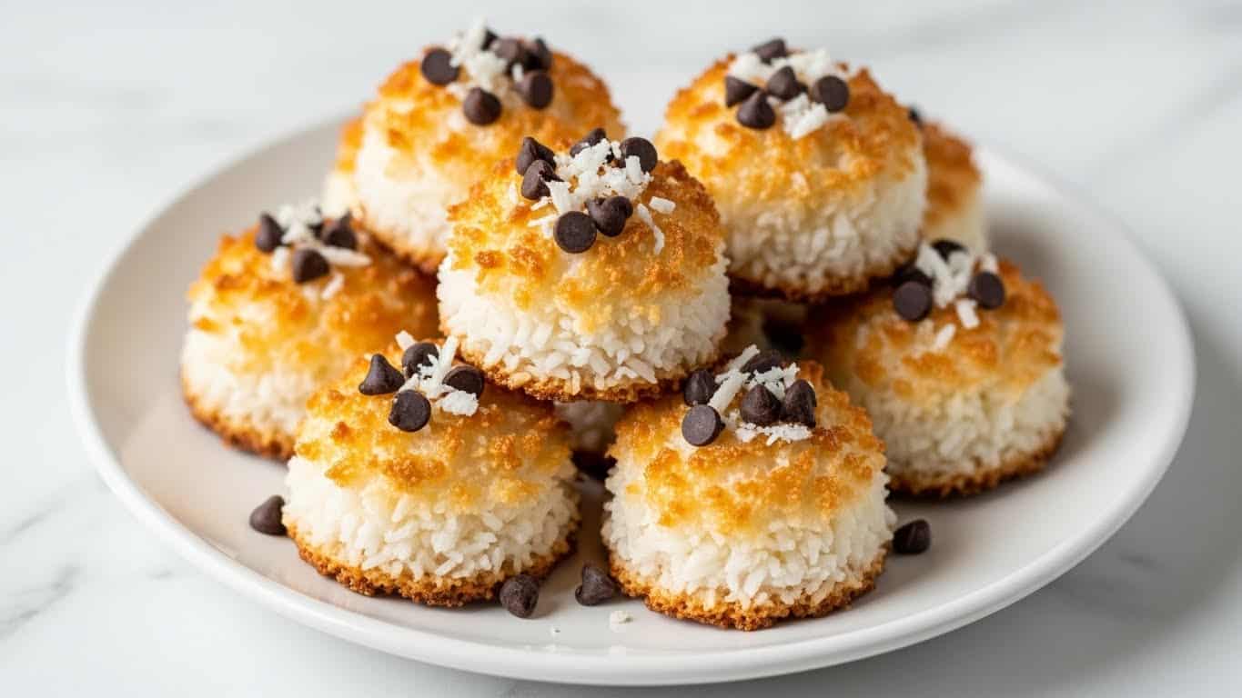 A white plate holds a small pile of round coconut macaroons, each with a rough and crunchy outer layer in golden brown, showing toasted coconut flakes. The inside is soft and white with shredded coconut texture. Each macaroon is topped with small, dark chocolate chips scattered on top and a few flakes of white coconut. The plate sits on a white marbled surface. photo taken with an iphone --ar 4:5 --v 7