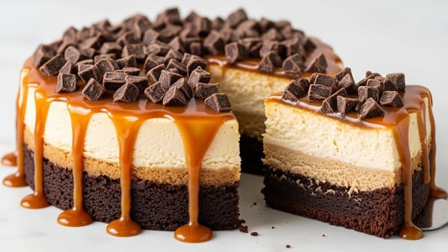 A rich dessert with three distinct layers sits on a white marbled surface: the bottom layer is thick and dark brown, resembling a dense chocolate brownie, topped by a creamy, smooth light beige cheesecake middle layer. On top, a glossy caramel sauce drips down the sides, pooling onto the white marbled surface. Dark chocolate chunks are generously scattered on the caramel, adding texture and depth. The dessert has a slice removed, revealing the clean, sharp edges of each layer in contrast to the flowing caramel. photo taken with an iphone --ar 4:5 --v 7