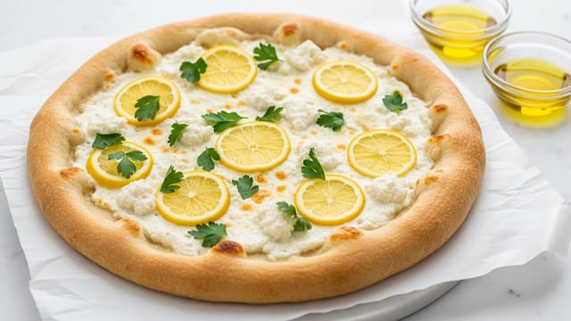 A round pizza with one thick, golden brown crust that looks soft and puffy, topped with a creamy white cheese base that covers the entire surface except the crust. Small dollops of soft white cheese are spread evenly on top, mixed with thin, bright yellow lemon slices and fresh green herbs sprinkled all over. The pizza sits on white baking paper on a white marbled surface, with two small glass bowls filled with clear golden oil nearby. Photo taken with an iphone --ar 4:5 --v 7