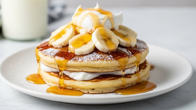 A stack of two thick pancakes with a light golden brown color and fluffy texture is placed on a white plate. The top pancake is dusted with powdered sugar and covered with a large pile of sliced bananas and dollops of whipped cream, all drizzled with golden maple syrup that runs down the sides and pools at the bottom. The white marbled texture surface is visible, and a glass of milk can be seen blurred in the background. photo taken with an iphone --ar 4:5 --v 7