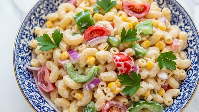 A close-up view of a creamy macaroni salad served in a white bowl with blue and gold intricate floral patterns. The salad has one main layer of soft, pale yellow elbow macaroni coated in a thick white dressing. Mixed evenly throughout are small pieces of bright red tomato, light purple onion, green bell pepper, yellow corn, and fresh green parsley leaves that add pops of color and texture. The white marbled background complements the vibrant colors of the salad, making it look fresh and appetizing. photo taken with an iphone --ar 4:5 --v 7