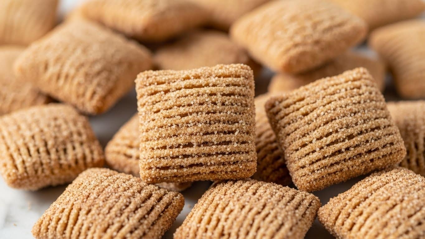 The image shows a close-up view of small square cereal pieces coated in a light brown, powdery cinnamon and sugar mix. Each piece has a rough texture with visible crumbs and specks of darker cinnamon, creating a matte finish. The cereal squares are piled closely together, filling the frame with a warm, golden brown color palette. The focus is sharp on the front pieces, showing their grainy coating in detail, while the background pieces are softly blurred. The cereal rests on a white marbled texture that can be faintly seen around the edges. photo taken with an iphone --ar 4:5 --v 7