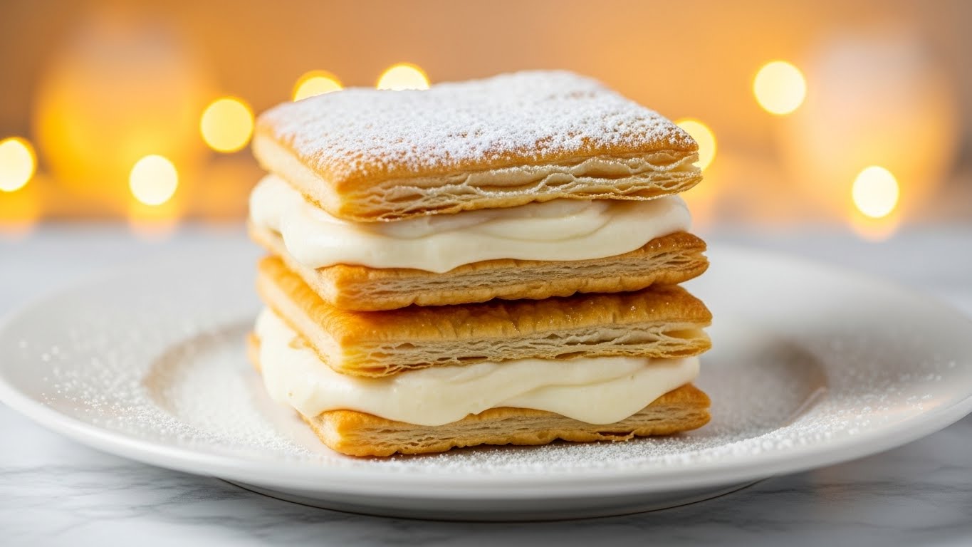 A stack of three square layers of flaky golden-brown pastry with a slightly crispy texture, each separated by thick, creamy white filling that looks smooth and soft. The layers are evenly placed on top of each other on a white plate, with a light dusting of powdered sugar covering the top pastry layer and some scattered around the plate. The background has warm, blurred yellow-orange bokeh lights with a white marbled texture below the plate. photo taken with an iphone --ar 4:5 --v 7