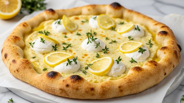 A golden-baked pizza with a thick, puffy crust showing slight charred spots around the edges, topped with a light yellow sauce base. Spread evenly on top are dollops of white creamy cheese, scattered with small green thyme sprigs and thin slices of yellow lemon peel. The pizza rests on a piece of parchment paper over a white marbled surface, with a lemon and extra thyme sprigs visible in the blurred background. Photo taken with an iphone --ar 4:5 --v 7