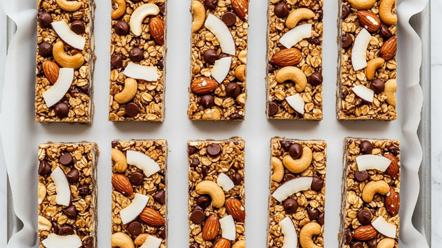 Ten granola bars are neatly arranged in a white parchment-lined baking tray, each bar rectangular and thick, packed with visible oats, whole almonds, cashews, and scattered dark chocolate chips, all held together by a shiny golden syrup. Some flakes of white coconut are sprinkled on top, adding light contrast against the warm brown and amber tones of the nuts and oats. The surface beneath the tray is a white marbled texture. Photo taken with an iphone --ar 4:5 --v 7