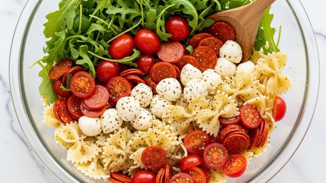 A clear glass bowl filled with a pasta salad featuring many layers: the base layer is light yellow bowtie pasta with a smooth, slightly glossy texture; scattered evenly throughout are small, bright red slices of cherry tomatoes and round, thin, dark red mini pepperoni pieces; soft white mozzarella balls are dispersed in between, adding a smooth texture; fresh green arugula leaves bring a fresh, leafy contrast, some whole and some chopped; the entire salad is lightly coated with a herb seasoning giving hints of small dark green and brown specks. A wooden spoon partially stirs the ingredients. The bowl sits on a white marbled texture. photo taken with an iphone --ar 4:5 --v 7