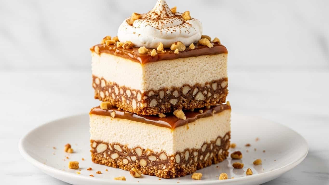 The image shows two square dessert bars stacked on a white plate with a white marbled background. Each bar has four layers: the bottom and third layers appear crunchy and nutty with a brown color and visible small nut pieces; the second and fourth layers are creamy and light beige, smooth in texture; the top layer is a thick caramel-colored spread sprinkled with chopped nuts. On the very top of the upper bar, a swirl of white whipped cream with a dusting of cinnamon or cocoa powder is visible, adding a soft, fluffy texture. Some nut crumbs are scattered around the plate. Photo taken with an iphone --ar 4:5 --v 7