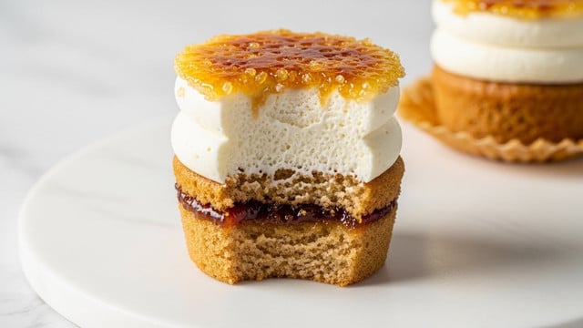 A close-up of a cupcake with four layers, placed on a white round plate on a white marbled texture. The bottom layer is a light brown soft cake base, followed by a thin layer of caramel or jam with a shiny, sticky texture. The third layer is thick white cream with a smooth, fluffy texture, while the top layer is a glossy, golden caramelized sugar topping that looks slightly crunchy with small sugar crystals. A bite is taken out of the cupcake, showing the clear separation of the layers. Photo taken with an iphone --ar 4:5 --v 7