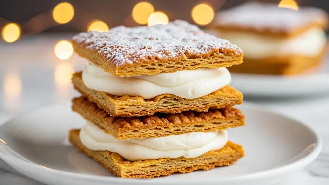 A close-up of a stack of three square layers of a dessert, each consisting of a top and bottom golden-brown crispy pastry layer with a rough texture, separated by a thick, smooth, white creamy filling. The top pastry layer is dusted with fine white powdered sugar, lightly covering its uneven surface. The stack sits on a white plate on a white marbled surface with warm blurred lights in the background, creating a cozy atmosphere. photo taken with an iphone --ar 4:5 --v 7