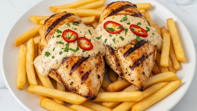 The image shows two golden-brown grilled chicken breasts with a creamy sauce on top, sprinkled with chopped green herbs and red chili flakes. The chicken rests on a bed of golden, crispy French fries that surround the bottom and sides of the chicken. The sauce has a smooth texture with bits of herbs and spices spread evenly over the chicken and the fries. Everything is served on a white plate set on a white marbled surface. photo taken with an iphone --ar 4:5 --v 7