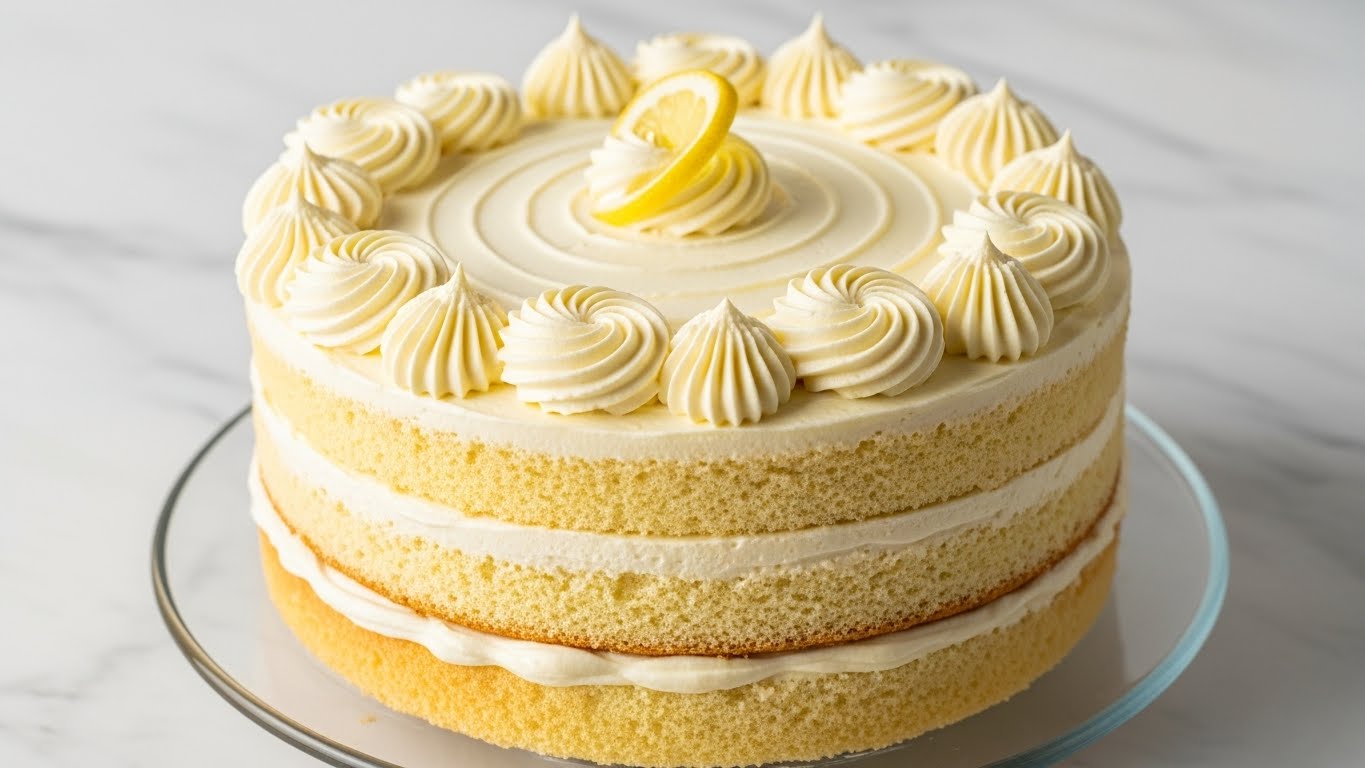 A round cake with four layers of light yellow sponge, each separated by thin layers of creamy white frosting. The outside is fully covered with smooth, pale yellow frosting that has a soft texture with subtle swirls. On top, there is a decorative swirl pattern made from the same frosting, and in the center sits a small lemon wedge. The cake is placed on a clear glass stand over a white marbled surface. Photo taken with an iphone --ar 4:5 --v 7