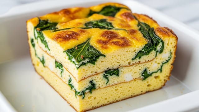 The image shows a thick square slice of baked egg dish with three visible layers: the top layer is golden brown and slightly crispy with darker browned spots and scattered green spinach leaves, the middle layer is fluffy and pale yellow with more green spinach scattered inside, and the bottom layer is golden and firm with a slightly crispy edge. The dish is cut into square pieces and served in a white ceramic baking dish, placed on a white marbled surface. Photo taken with an iphone --ar 4:5 --v 7