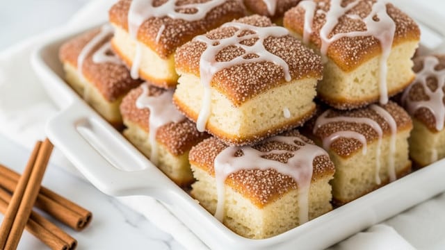 A close-up of a white rectangular dish filled with small square fried dough cubes, each coated in a golden-brown cinnamon sugar layer with a slightly rough texture, topped with a thin layer of white icing that drips down the sides. The dough cubes are stacked in two layers, showing a soft light beige interior beneath the crispy coating. The dish sits on a white cloth atop a white marbled surface, with three cinnamon sticks placed nearby. photo taken with an iphone --ar 4:5 --v 7
