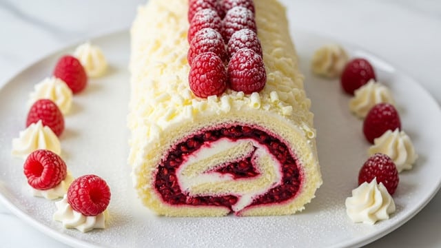 A rolled cake with three visible layers starts with a thin dark brown chocolate sponge as the inner swirl, followed by a thick creamy white layer creating the spiral, and a speckled bright red berry layer scattered within the cream. The outside is covered with smooth white cream decorated with ruffled white cream swirls along the top. Fresh red raspberries, some dusted with powdered sugar, sit on top and around the cake on a white oval plate that rests on a white marbled texture surface. A silver fork with some cream and berry remnants lies next to the cake with additional white chocolate shavings scattered around. Photo taken with an iphone --ar 4:5 --v 7