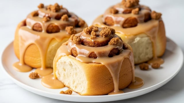 Three cinnamon rolls sit closely together on a white plate, each topped with a thick, glossy light brown icing that drips down the sides. The rolls are golden brown with visible spiral layers inside, showing a darker cinnamon filling. Crumbled brown sugar or cinnamon bits are sprinkled on top of the icing, adding texture and contrast. The plate is set against a white marbled surface. photo taken with an iphone --ar 4:5 --v 7