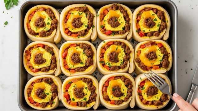 The image shows a metal pan filled with twelve baked breakfast roll-ups. Each roll-up has a light golden-brown dough spiral that holds layers of scrambled eggs with a soft yellow color, browned crumbled sausage, melted cheddar cheese with an orange hue, and bits of red bell pepper and bacon. The rolls are sprinkled with chopped parsley, adding a touch of green on top. The pan rests on a white marbled surface, and a woman's hand can be seen holding a fork and knife near the bottom right corner. photo taken with an iphone --ar 4:5 --v 7