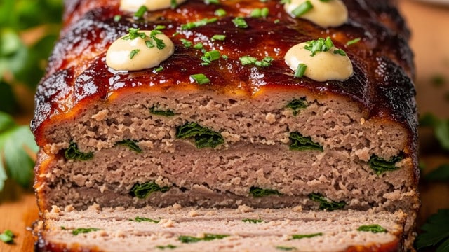 The image shows a close-up of a thick, juicy meatloaf with a shiny glaze on top. The meatloaf is cut to reveal three layers inside, each filled with small bits of green herbs. The outer layer is browned and crispy, while the inside looks tender and slightly moist. There are small dollops of light-colored sauce on top, scattered with finely chopped green herbs. The meatloaf rests on a wooden surface with some fresh herbs around it. photo taken with an iphone --ar 4:5 --v 7