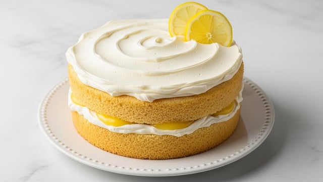 A two-layer lemon cake with light yellow sponge layers and a creamy white frosting covers the entire cake. The frosting is swirled on top, adding a soft, smooth texture with gentle curves. Between the sponge layers, there is a layer of white frosting with a slight touch of yellow lemon filling visible. Two thin lemon slices with bright yellow rind and pale yellow flesh rest on top of the cake as decoration. The cake sits on a white plate with a dotted edge, placed on a white marbled textured surface. photo taken with an iphone --ar 4:5 --v 7