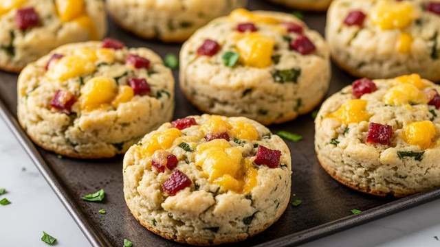 This is a close-up image of six round, baked biscuit-like patties on a dark metal tray. Each patty has a golden-yellow top with small bits of melted cheese, mixed with green herbs and tiny pieces of reddish meat embedded throughout the doughy, light beige base. The texture on top looks slightly crisp, while the sides and bottoms are soft and fluffy. The tray sits on a white marbled surface, and some small green herb pieces are scattered near the tray edges. The lighting highlights the warm, appetizing colors and textures of the patties. photo taken with an iphone --ar 4:5 --v 7