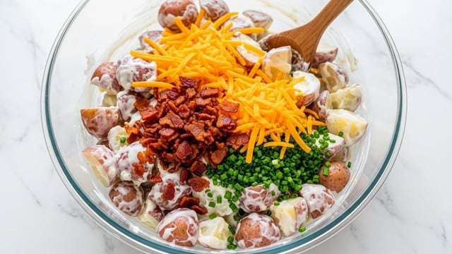 The image shows a clear glass bowl filled with cut red-skinned potatoes covered in a creamy white dressing. On top of the potatoes, there are several layers visible: bright orange shredded cheddar cheese scattered evenly, small crispy reddish-brown bacon pieces, and finely chopped green chives sprinkled all over. The potato pieces have a rough texture with some skin showing, and the creamy dressing gives a smooth contrast. A wooden spoon rests inside the bowl, slightly mixing the salad. The bowl is placed on a white marbled texture surface. photo taken with an iphone --ar 4:5 --v 7