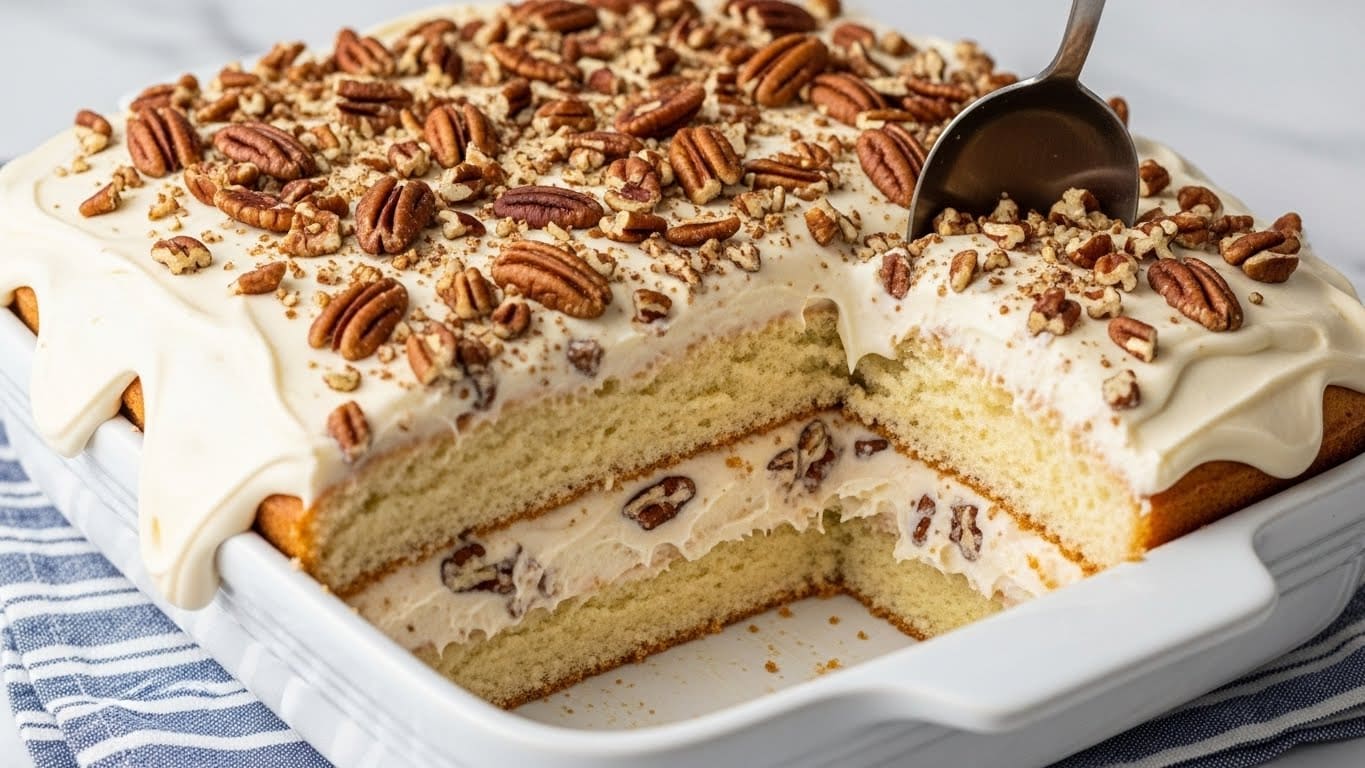 A rectangular layered cake in a white baking dish is topped with thick, creamy white frosting that slowly drips down the sides, sprinkled generously with whole and chopped pecans on top. Inside, there are two layers of soft, light beige cake separated and covered by a smooth, pale cream filling mixed with bits of nuts, creating a textured contrast. A spoon is digging into the cake from the top right corner, showing the soft and moist cake layers beneath the glossy frosting. The dish sits on a blue and white striped cloth on a white marbled surface. photo taken with an iphone --ar 4:5 --v 7