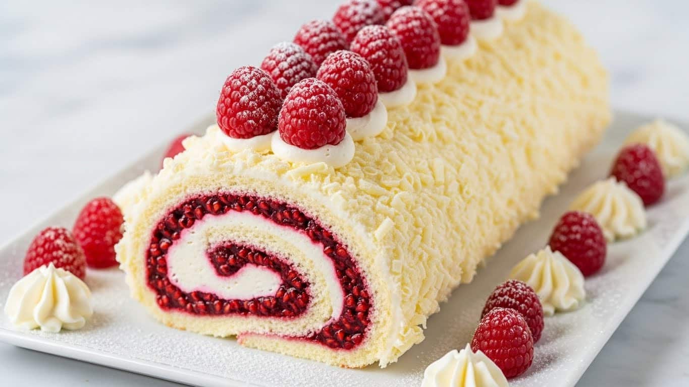 The image shows a white rolled cake with three main layers: the outer layer is covered in white chocolate shavings with a rough texture, the middle layer is smooth white cream, and the inner layer is a swirl of dark red raspberry filling mixed with fresh raspberries. On top of the cake, there is a line of whole red raspberries dusted lightly with powdered sugar. Around the cake on the white plate, there are small dollops of white cream and additional whole raspberries also sprinkled with powdered sugar. The whole scene is set on a white marbled surface. photo taken with an iphone --ar 4:5 --v 7