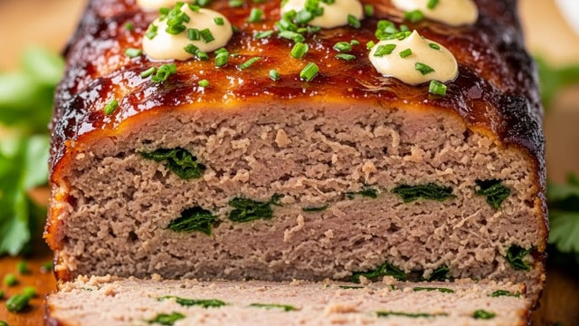 A close-up view of a two-layer meatloaf with a golden brown crust and melted cheese on top, sprinkled with small green herb pieces. The meatloaf has a textured surface with visible bits of herbs mixed inside and cheese melting down the sides. The top layer is slightly thicker, with a grilled pattern from cooking, while the cut slice leans against the main loaf, showing the moist and seasoned interior. The dish sits on a wooden board with a subtle garnish of green herbs scattered around. photo taken with an iphone --ar 4:5 --v 7