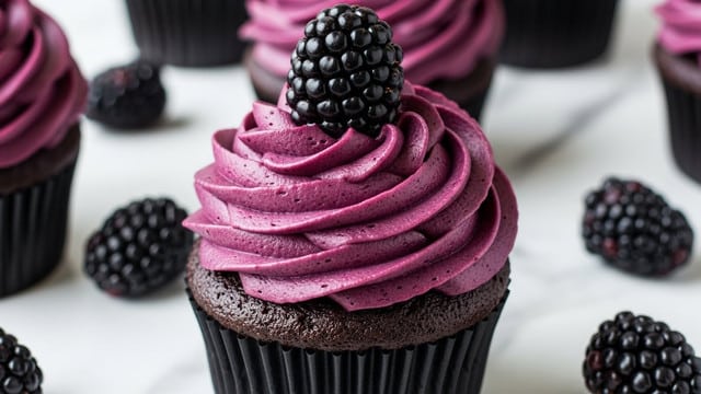 A close-up of a rich dark chocolate cupcake with a dark purple swirl of smooth, glossy frosting on top, layered in thick, even rings. A shiny, plump blackberry sits neatly at the center of the frosting, adding a shiny black and deep purple texture. The cupcake is in a black wrapper, and the background is a white marbled surface with more blurred cupcakes and blackberries around it. photo taken with an iphone --ar 4:5 --v 7