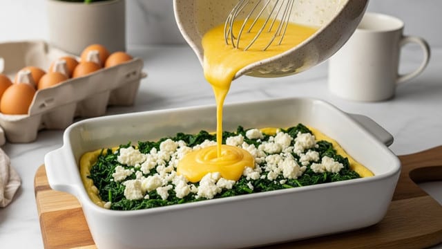 A white rectangular ceramic baking dish sits on a wooden board with three visible layers: the bottom layer consists of bright green cooked spinach, topped with a middle layer of crumbled white cheese scattered evenly, and a top layer of smooth yellow egg mixture being poured from a beige speckled bowl with a whisk resting inside. In the background, a carton of brown eggs, a white mug, and a blurred pot with a green plant can be seen against a white marbled surface. Photo taken with an iphone --ar 4:5 --v 7