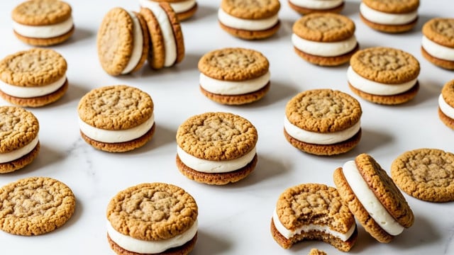 A white marbled surface holds many oatmeal cookie sandwiches arranged in a scattered pattern. Each sandwich has two golden-brown oatmeal cookies as a top and bottom layer with a smooth, thick layer of creamy white filling in the middle. Some cookies are alone without filling, showing a textured and slightly cracked surface in light brown. One cookie sandwich and one plain cookie are placed near the edge with a small bite taken out, revealing the soft inside. The overall look is cozy and homemade with a mix of flat and standing cookie sandwiches. Photo taken with an iphone --ar 4:5 --v 7