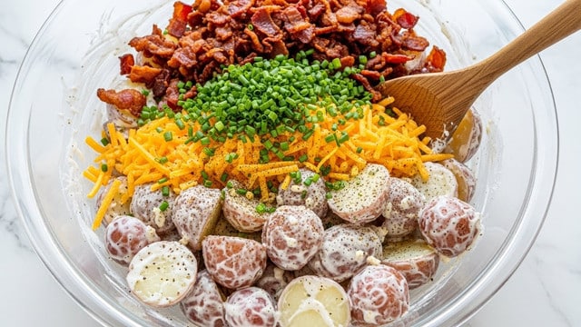 The image shows a clear glass bowl filled with a potato salad that has three visible layers. The bottom layer consists of halved red-skinned potatoes with creamy white dressing coating their skin and flesh, giving a slightly rough texture. The middle layer has a generous amount of shredded yellow cheddar cheese scattered across the potatoes. The top layer is a mix of crispy dark reddish-brown bacon bits and finely chopped fresh green chives sprinkled evenly over the cheese. There is also a light dusting of black pepper adding small dark flecks. A wooden spoon with a smooth texture is partially inserted into the bowl from the right side, stirring the salad. The bowl sits on a white marbled surface. photo taken with an iphone --ar 4:5 --v 7