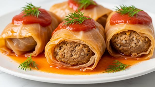 The image shows three cabbage rolls placed close together on a white plate, each roll wrapped tightly in light green cabbage leaves with visible veins and a slightly glossy texture. The cabbage rolls are covered in a bright red tomato sauce that appears thick and chunky, with bits of tomato on top and around the rolls. Inside the cabbage leaves, a filling of brownish cooked grains or meat is visible at the open ends. Fresh green dill sprigs are scattered on and around the rolls, adding a soft, feathery texture and a splash of green color. A single dark green bay leaf lies next to the rolls, partially covered in tomato sauce. The plate sits on a white marbled surface. Photo taken with an iphone --ar 4:5 --v 7