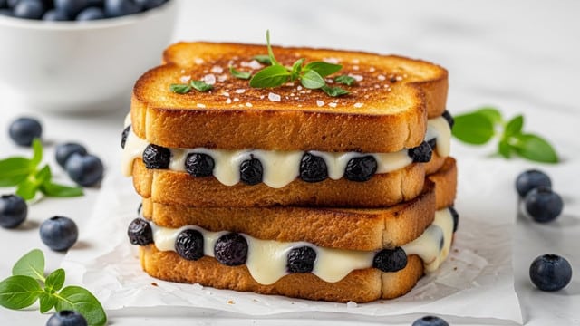The image shows a grilled sandwich cut in half and placed on a white marbled surface. The sandwich has two layers of golden-brown toasted bread with a crisp texture, sprinkled with coarse salt and small green herb sprigs on top. Inside, there is a layer of melted cheese that is creamy white and smooth, along with a layer of dark purple blueberry filling that looks juicy and slightly glossy. Around the sandwich, there are fresh blueberries and more small green herbs scattered on the white marbled surface. The photo taken with an iphone --ar 4:5 --v 7
