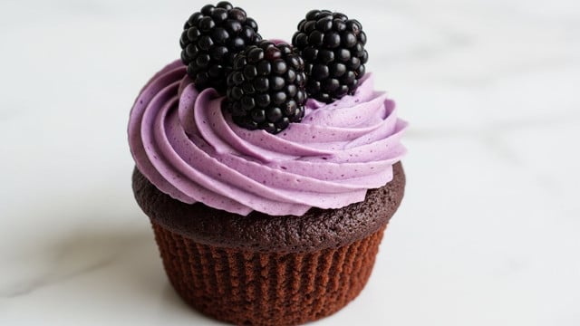 A chocolate cupcake with a dark brown base that has a slightly rough texture. On top, there is one thick layer of smooth, purple frosting swirled in a spiral shape, creating soft peaks. Three fresh blackberries with a shiny and bumpy surface sit neatly on the purple frosting. The cupcake is placed on a white marbled surface. Photo taken with an iphone --ar 4:5 --v 7