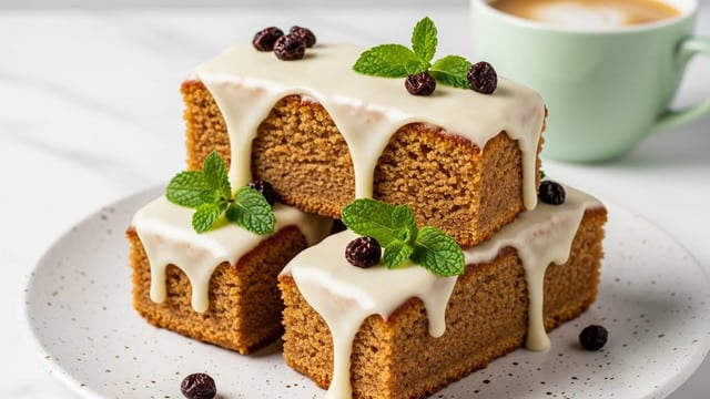 The image shows three rectangular cake slices stacked on a speckled white plate, each covered with thick, creamy white icing that drips down the sides. The cakes have a golden brown, textured surface visible beneath the icing. Small dark brown dried berries and green mint leaves are placed on top of the icing for decoration. A blurred pale green cup filled with coffee is seen in the background on a white marbled surface. photo taken with an iphone --ar 4:5 --v 7