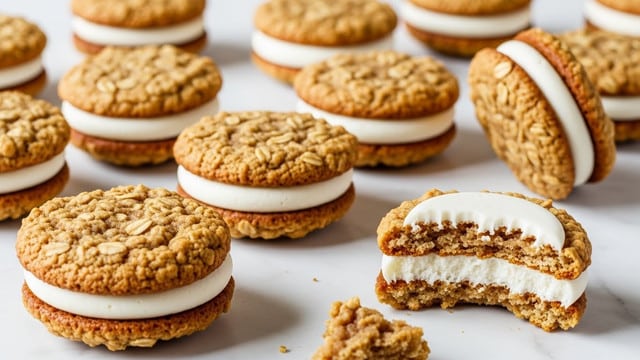 The image shows many oatmeal cream sandwich cookies on a white marbled surface. Each cookie has two golden brown oatmeal cookie layers with a thick middle layer of white cream filling. The cookies vary in position: some are flat, some standing on edge displaying the cream layer clearly, and one is broken with the cream exposed. The texture of the oatmeal cookies looks soft and chewy with visible oats. The overall color palette is warm with light brown cookies and smooth white filling. photo taken with an iphone --ar 4:5 --v 7