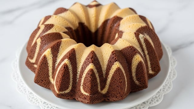 The image shows a bundt cake with a swirled pattern of two layers: a light beige layer alternating with a dark brown layer. The cake has a glossy texture, and the swirls create a wave-like effect all around its ring shape. It sits on a white plate with a lace-like edge, placed on a white marbled surface. The overall look is soft and moist with a warm color contrast between the layers. photo taken with an iphone --ar 4:5 --v 7